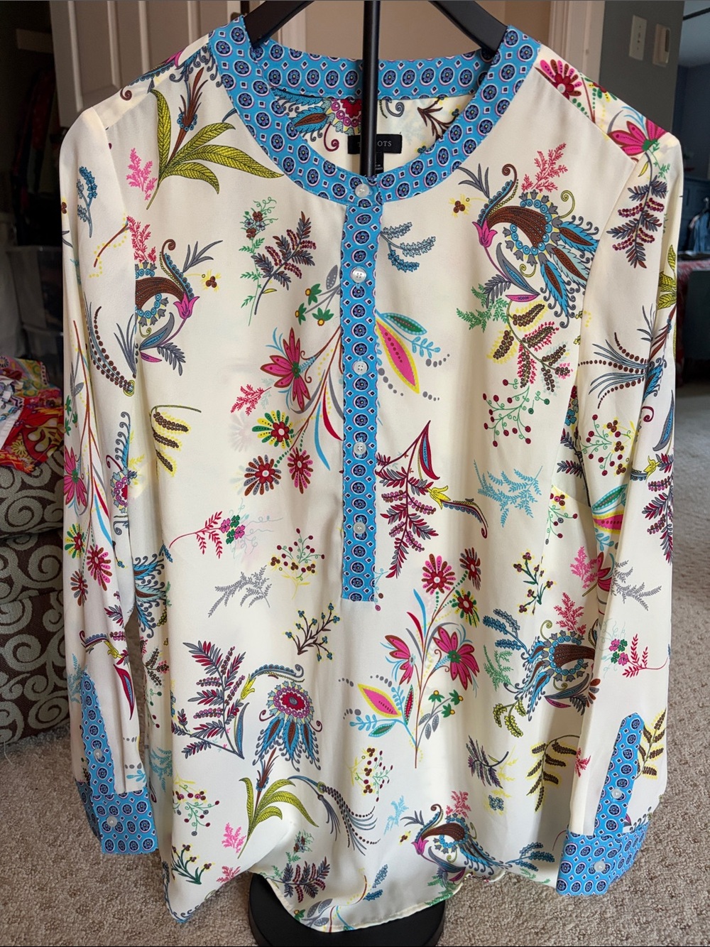 Talbots Cream Floral Blouse with Blue Trim